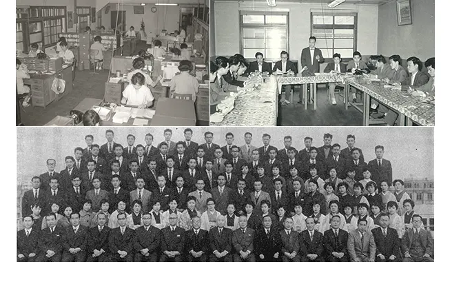 公司成立 60 周年前后的办公室照片、销售会议照片和一张集体纪念照。