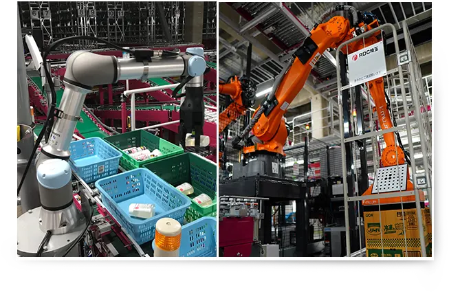 在RDC 埼玉 安装的人工智能分拣机器人和装箱机器人的照片。